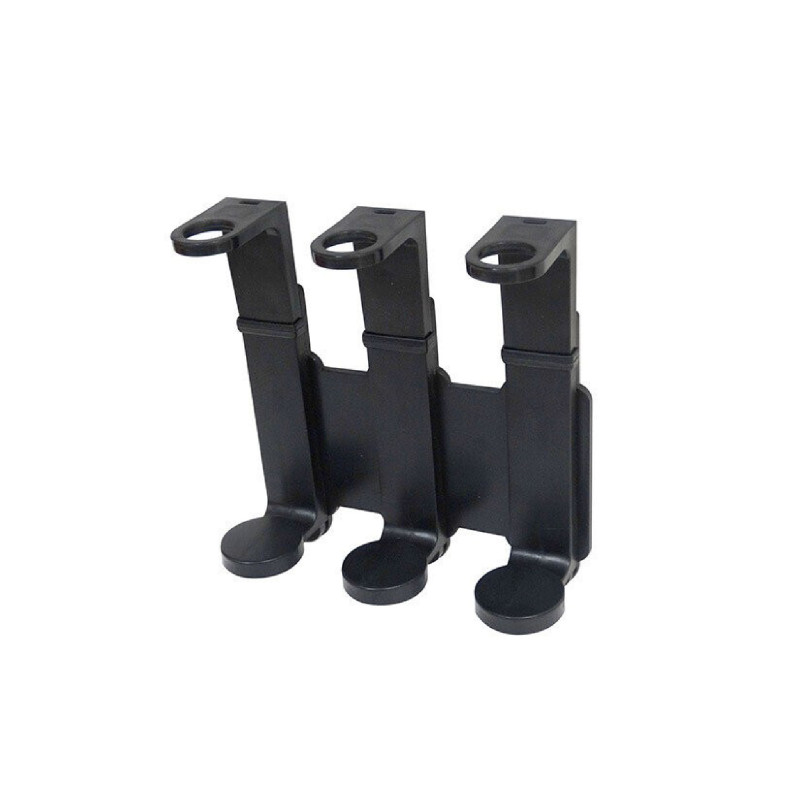 Black triple dispenser stand for 300ml round bottles in hotels