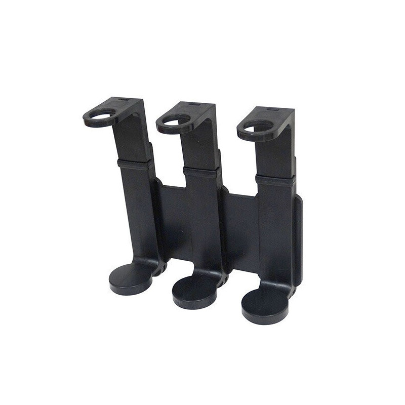 Suporte dispensador triplo preto para frascos redondos de 300 ml em hotéis