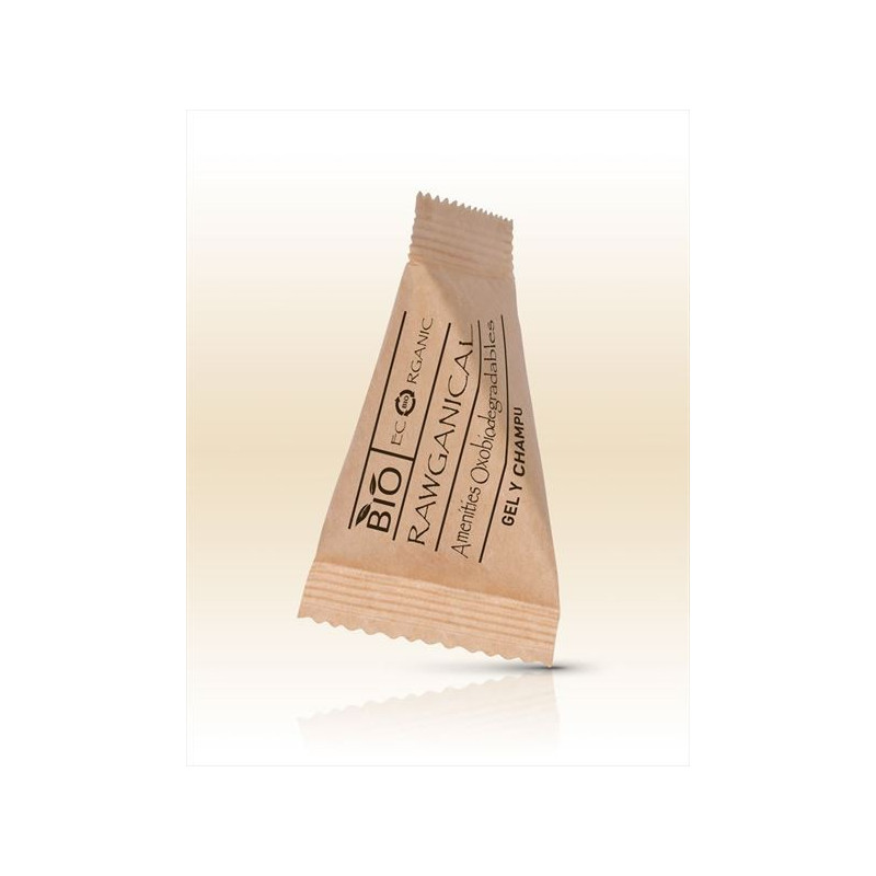 Gel de banho e shampoo Rawganical em sachê individual para hotéis