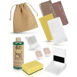 Kit de limpeza semanal apresentado em saco de pano