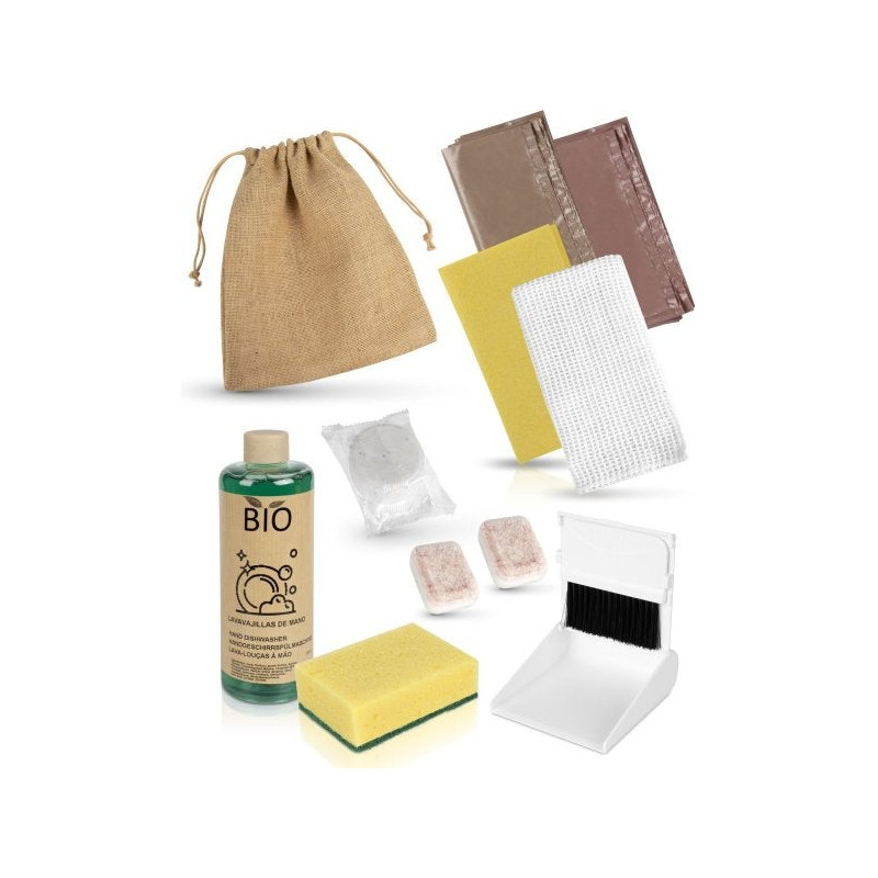 Kit de limpeza semanal apresentado em saco de pano