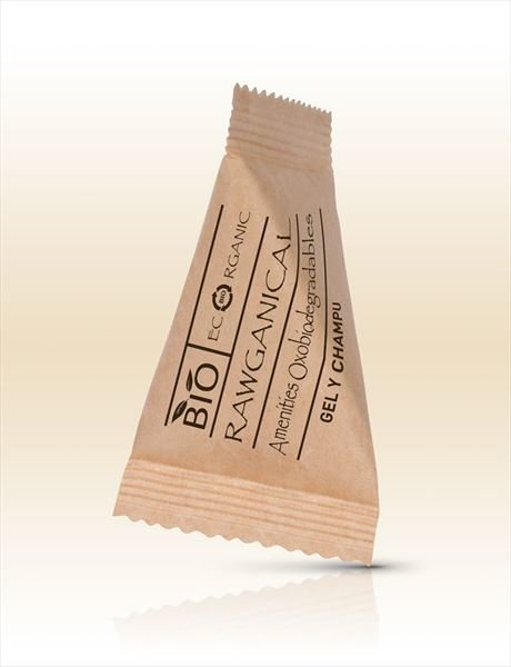 Gel de douche et shampooing Rawganical en enveloppe pyramide 15ml standard.