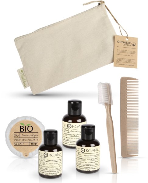 Kit de higiene en neceser algod&oacute;n 100% fibras organicas completo | 50 unidades